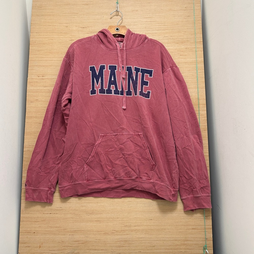 Comfort Colors Maine Graphic Hoodie Mens Medium Faded Pink Distressed Pullover